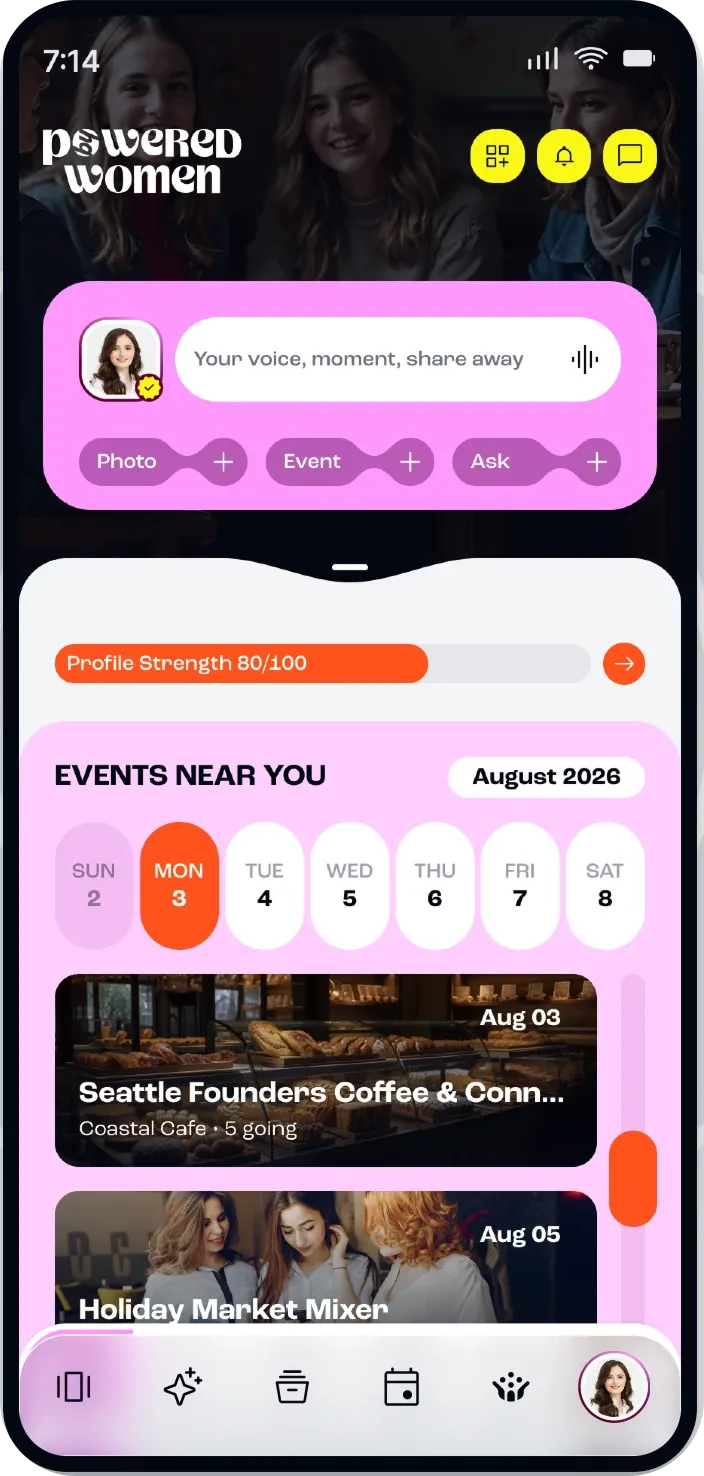 Powered by Women mobile app showing nearby events and connection tools